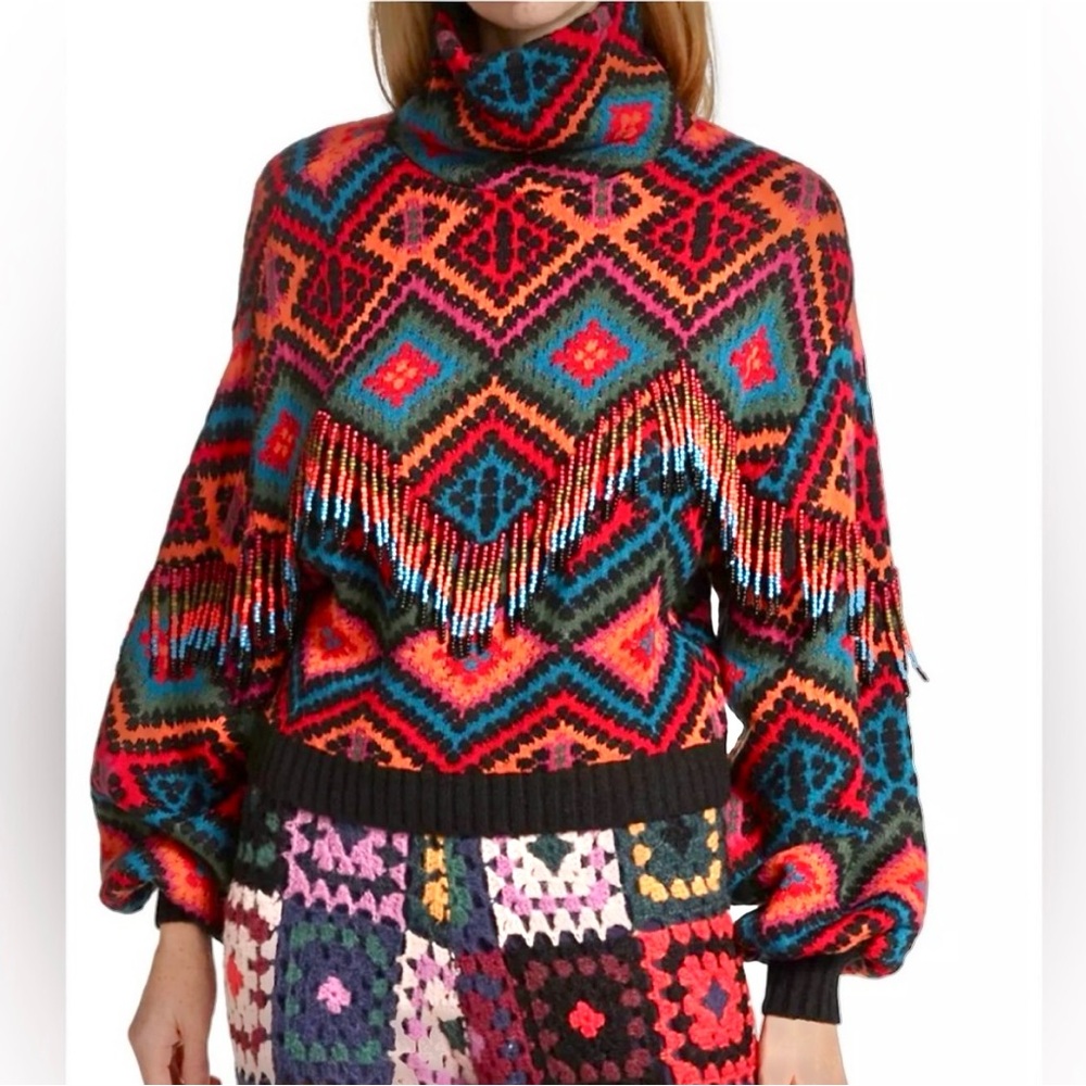 FARM RIO Rauti Turtleneck Sweater, Beaded Tassel Aztec Multi Colored Fringe, XS